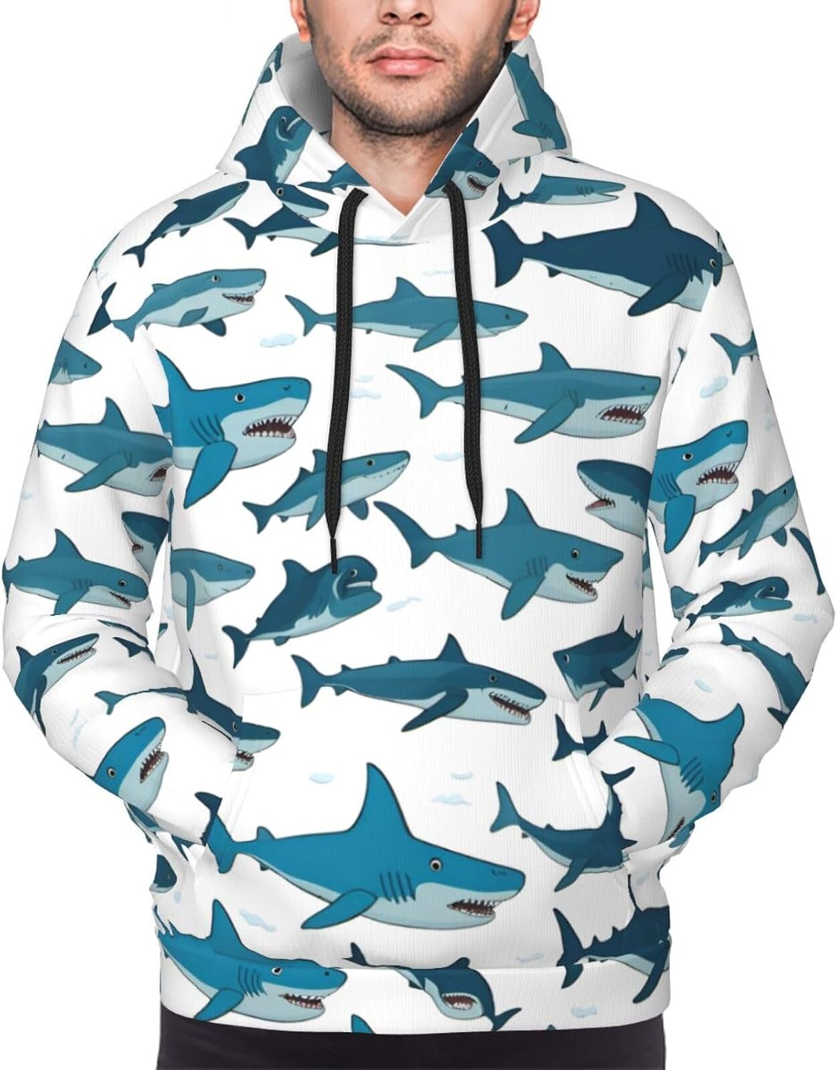 Shark Pattern with Various Gestures print Men's novelty hoodie print sweatshirt for casual pullovers for both men and women Black