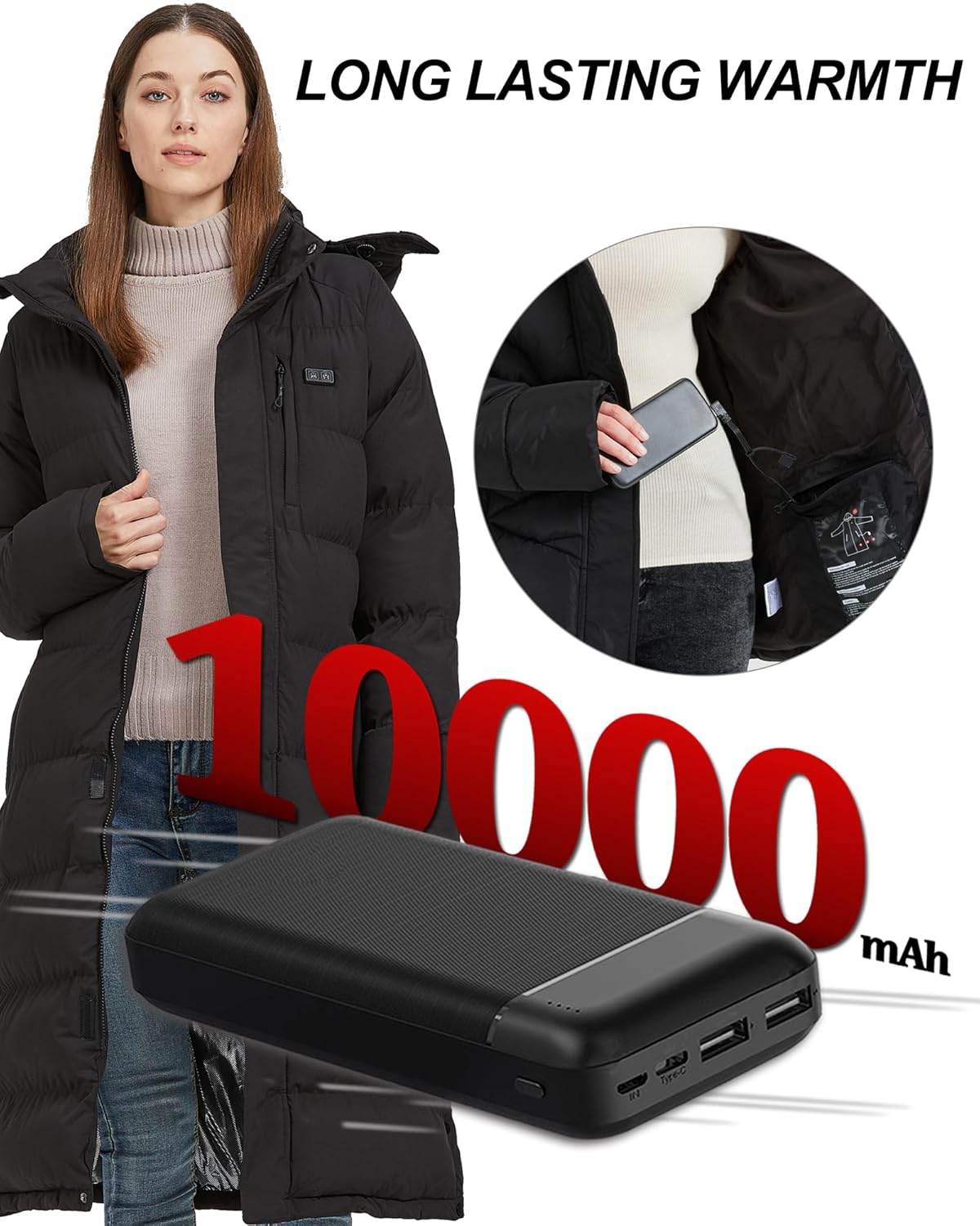 Women's Long Heated Jacket Long Winter Coats for Women 16-Zone Women's Heated Winter Jacket Coat with Box - Image 4