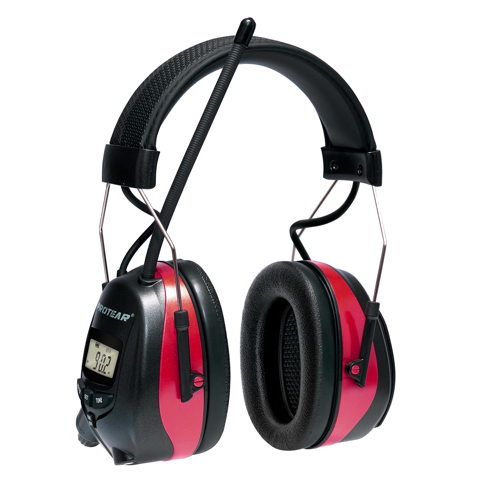 Front view of the PROTEAR AM/FM Radio Headphones in red and black, showing the adjustable headband, earcups, and control panel with digital display.
