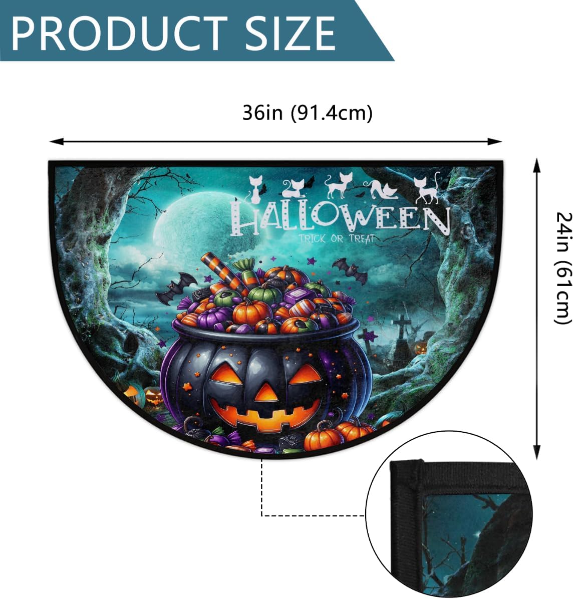 Half Round Door Mat Halloween Magic Cauldron Black Non Slip Absorbent Semi Circle Area Rugs Washable Half Moon Floor Mats for Indoor Patio Kitchen Bathroom Entryway Fireplace Home Carpet Decor