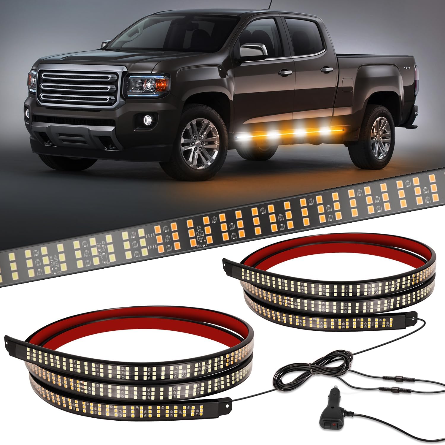 HLauto2PCS 70inch Emergency Strobe Light Strips: 1,296 LEDs Running Board Safety Warning Flashing Light Amber White Flexible Hazard Light Bar for Pickup Trucks Construction Vehicles