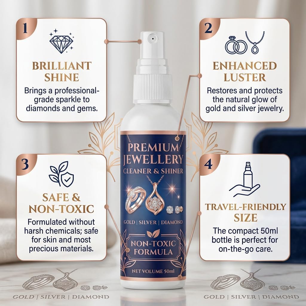 Jewellery Cleaner & Shiner - Gentle, Non-Toxic Formula to Instantly Restore Shine to Gold, Silver & Diamond Jewellery (50ml) (Pack Of 5)