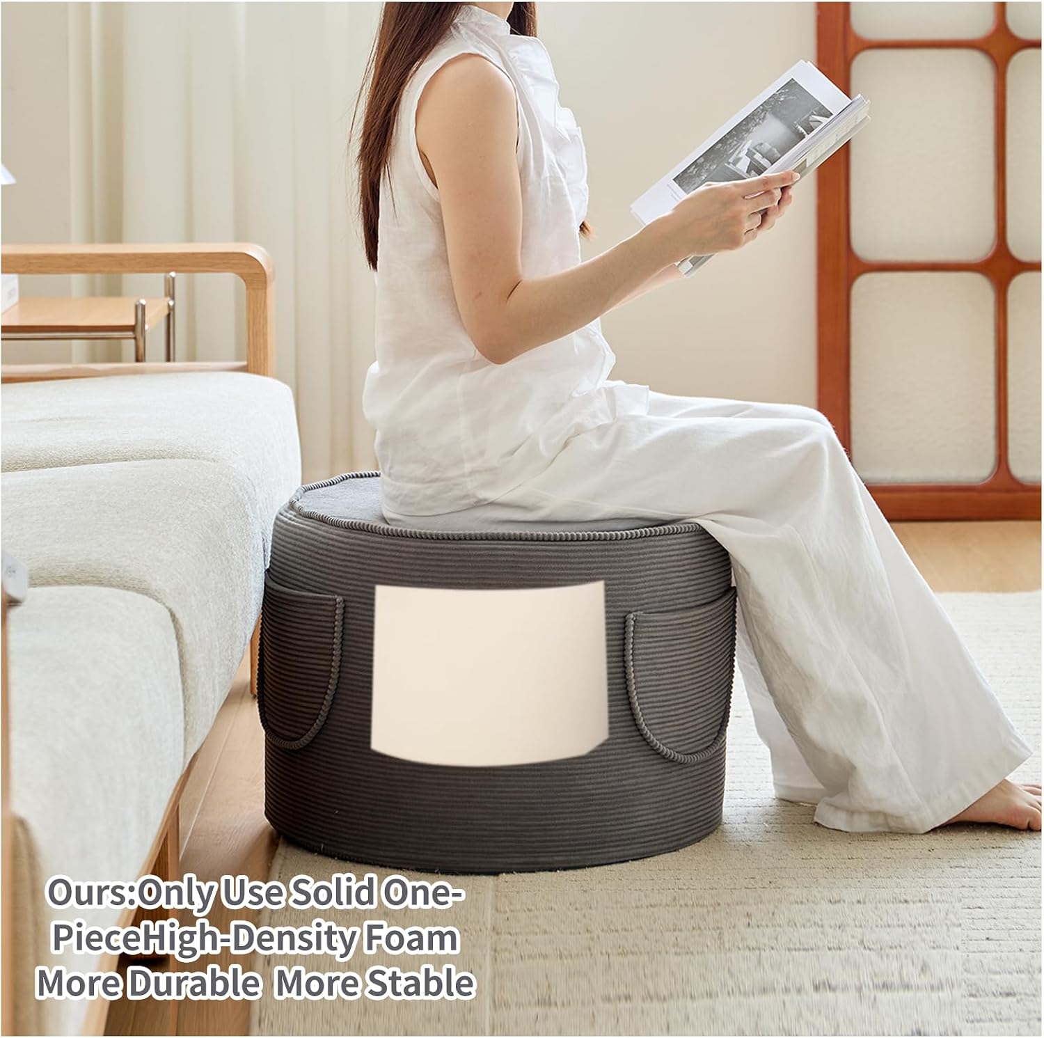 iYKYK Round Corduroy Pouf Ottoman,Storage Ottoman Foot Stool