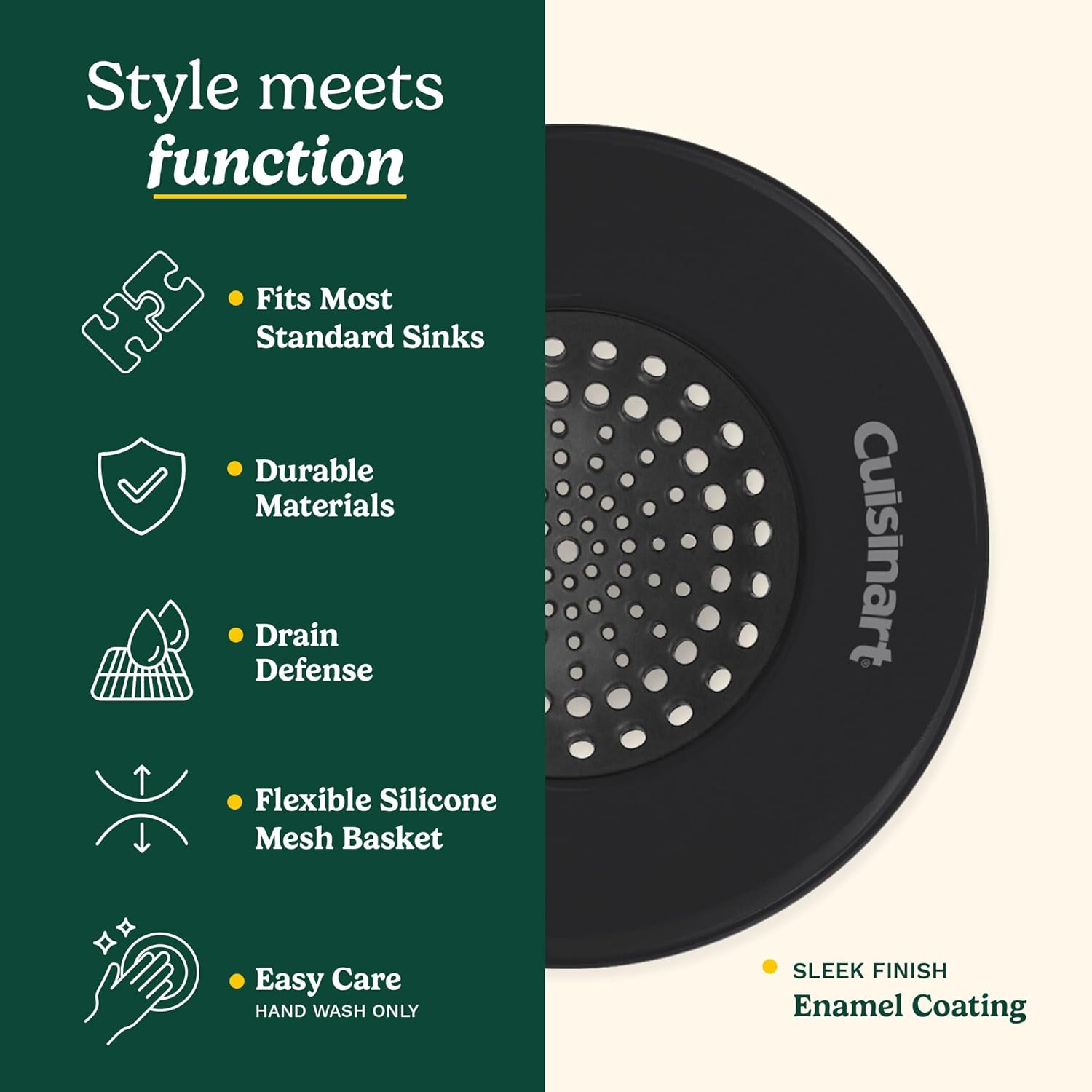 Cuisinart Sink Strainers- 2 Pack Kitchen Sink Drain Strainer & Food Catcher with Enamel-Coated Stainless Steel Rim and Silicone Base, Fits Standard 3.5" Drains, Outer Diameter 4.35", Scratch-Safe