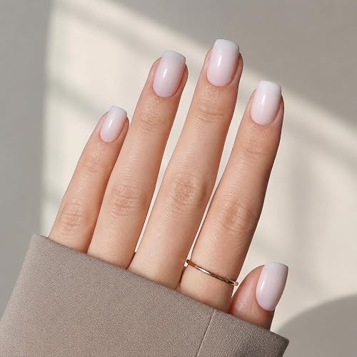 Milky Press On Nails, Short Square, Glossy Milky White Glue