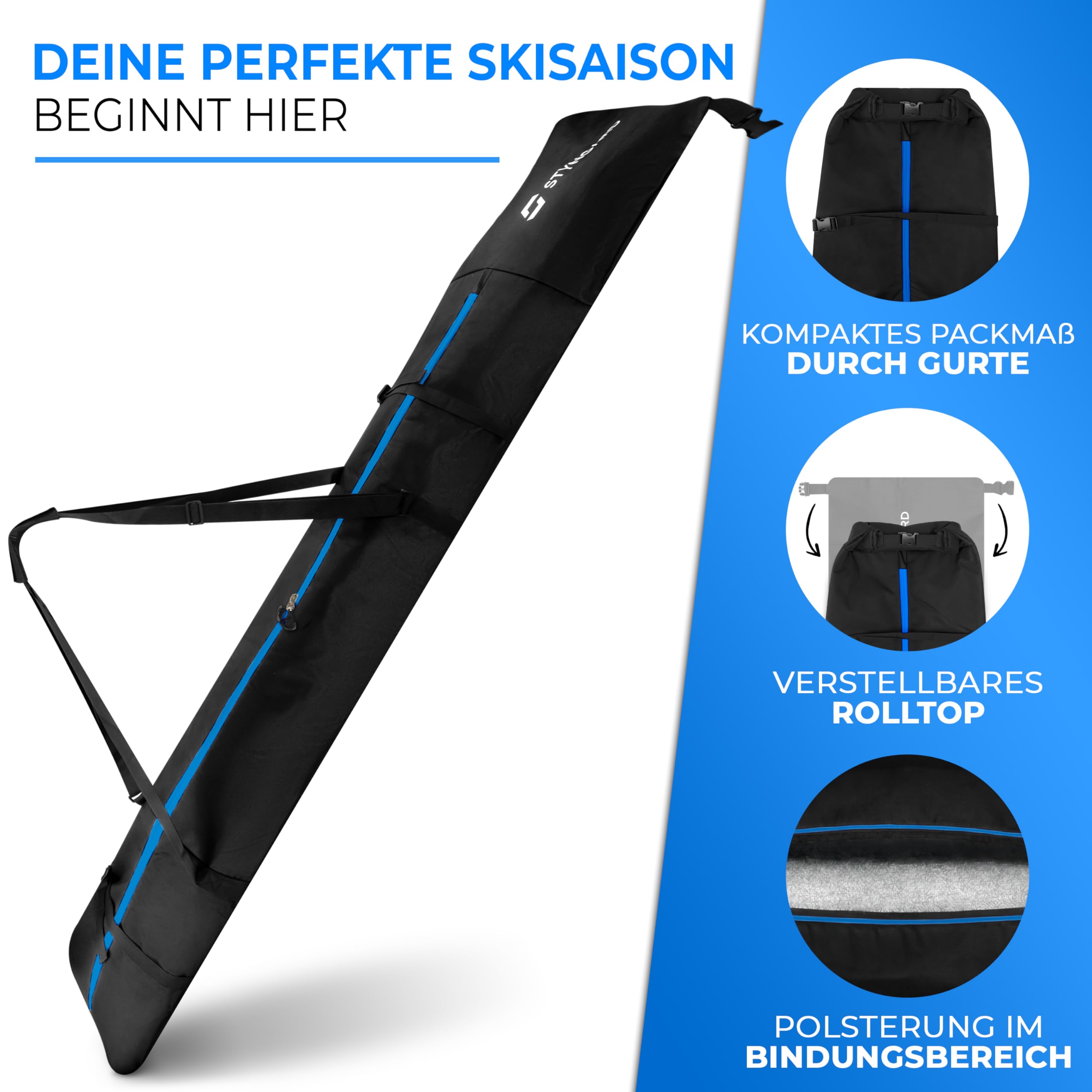 STYNGARD Snowboardtasche mit Rolltop [140 cm bis 190 cm] - Boardbag Snowboard mit wasserdichter Polsterung im Bindungsbereich - Snowboardtasche Modell Whistler