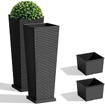 JUMMICO Set of 2 Resin Rattan Tall Planters for Outdoor Plants, Large Tapered Planters with Drainage Holes, Inner Trays and Outer Saucers, Flower Pots for Garden, Patio, Porch, Backyard Black, 32"