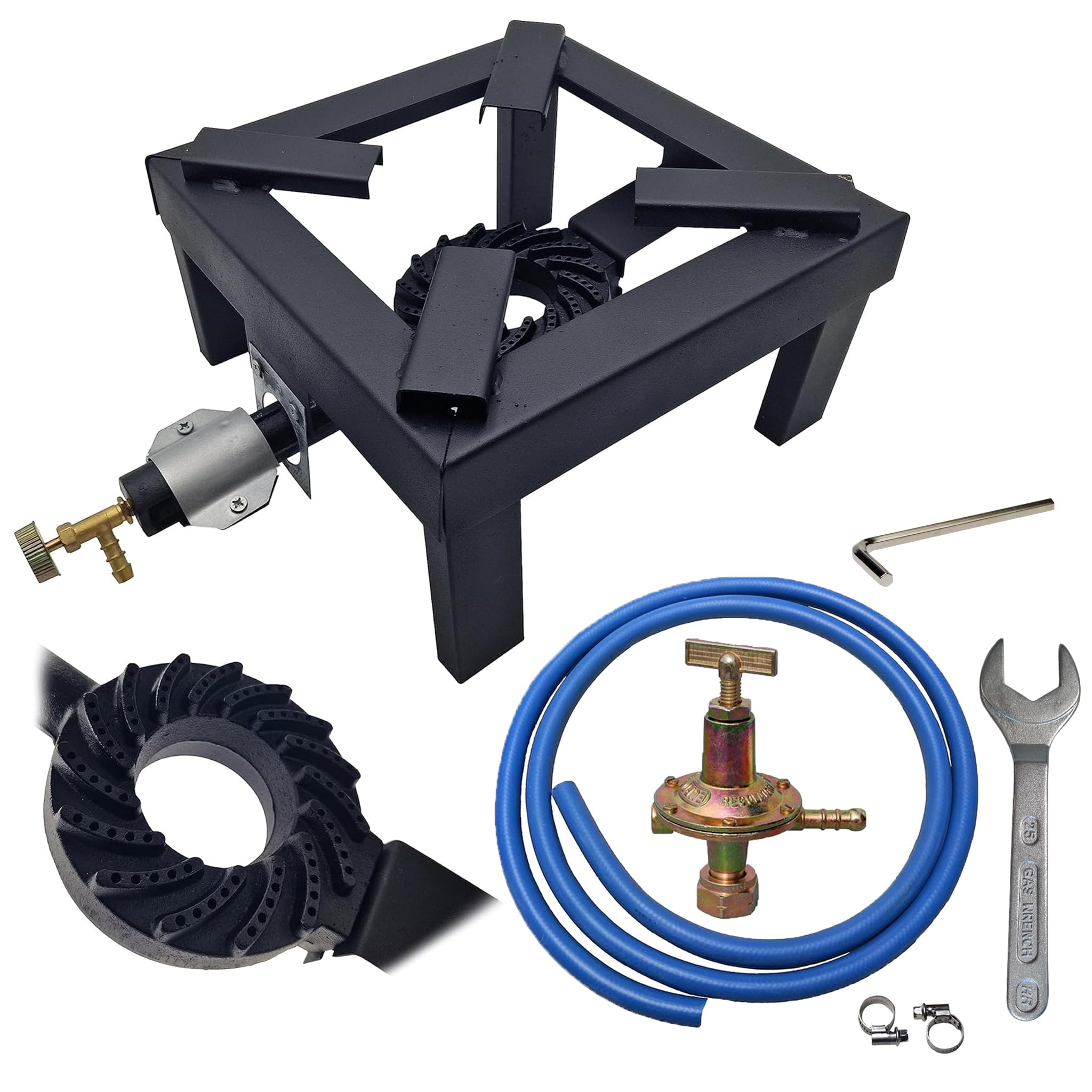 Fornello Fornellone a Gas 40x40 Professionale già Montato – Super Robusto con Bruciatore + Kit Regolatore con tubo e fascette – Made in Italy