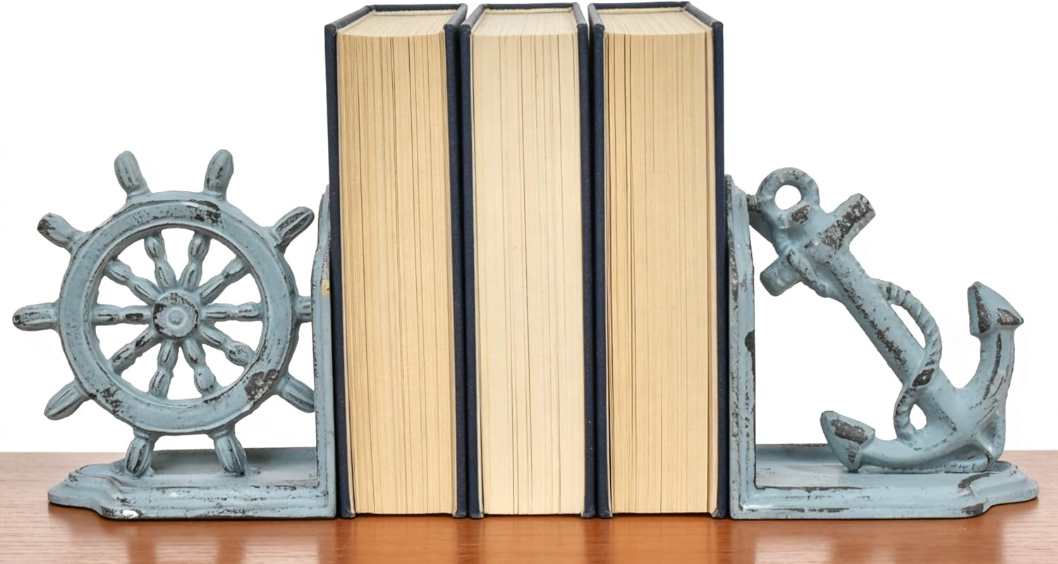 Anchor Bookends Decorative, Anchor and Nautical Ship Wheel Bookends Set,Heavy Duty Cast Iron Book Holder, Book Ends for Shelves Living Room Home Office, Antique Blue, 1 Pair/2Pieces (Antique Blue)