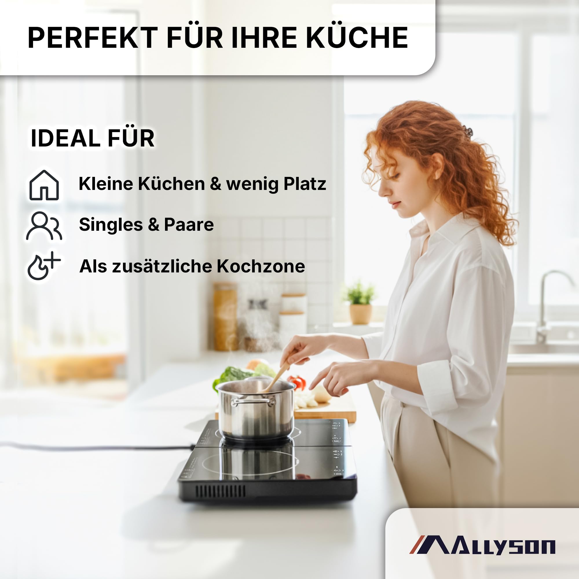 Allyson® Doppel Induktionsplatte 3500W – Mobiles Induktionskochfeld 2er Kochplatte Einbaubar & Tragbar, 2 Kochfelder mit Touch-Control, Timer, Kindersicherung & Überhitzungsschutz – Schwarz