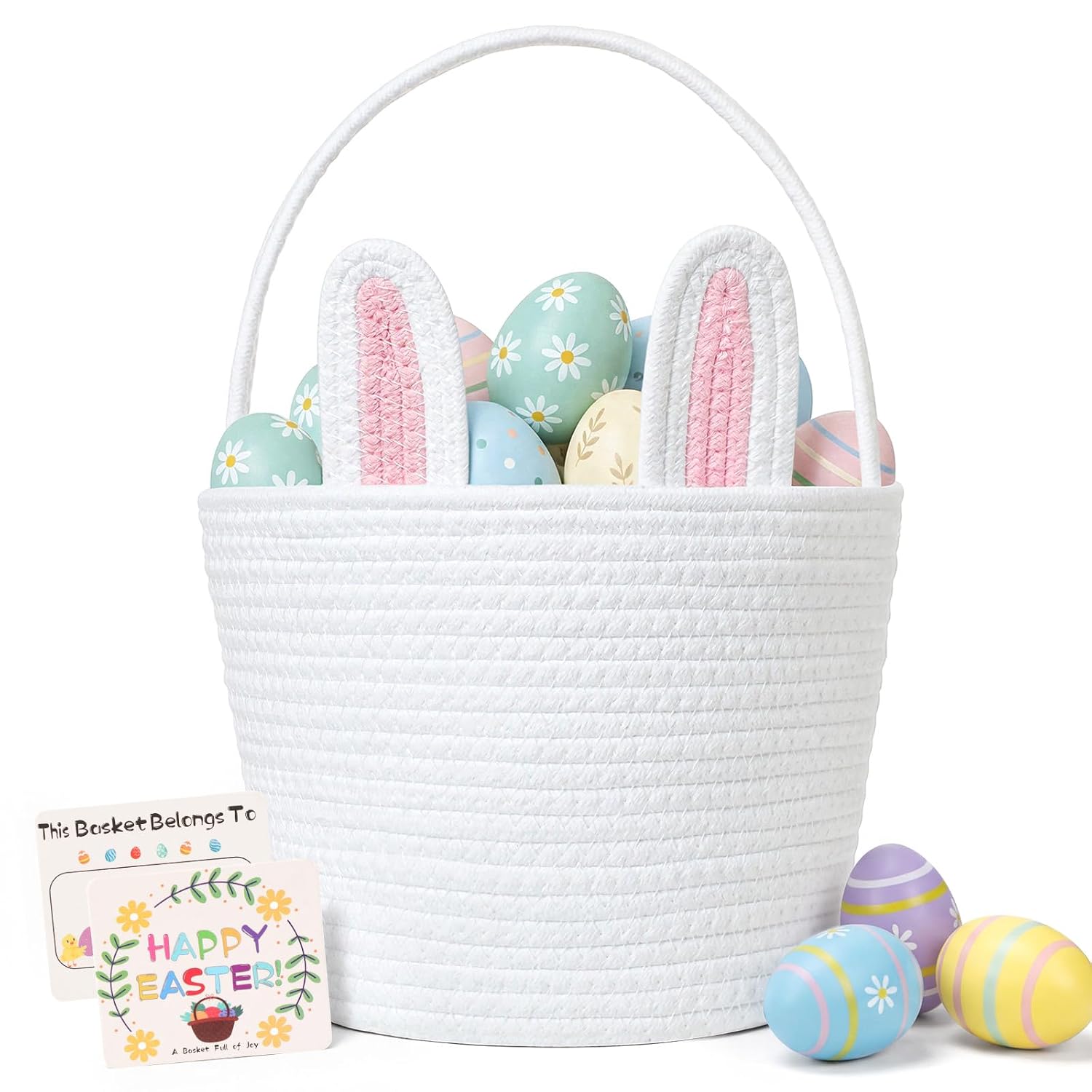 Easter Basket for Kids, Cute Bunny Easter Basket with Removable Ears & Writable Name Tag, Personalized Cotton Rope Woven Empty Easter Basket, First Easter Gift for Toddlers Boys Girls (Pink)