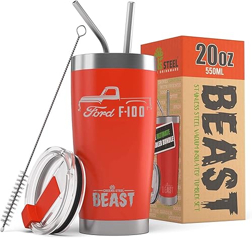 Miniatura 8 de 1953-56 Ford F100 Pickup Truck Beast - Vaso aislado de acero inoxidable de 30 onzas con tapa, 2 popotes, cepillo y caja de regalo, color negro