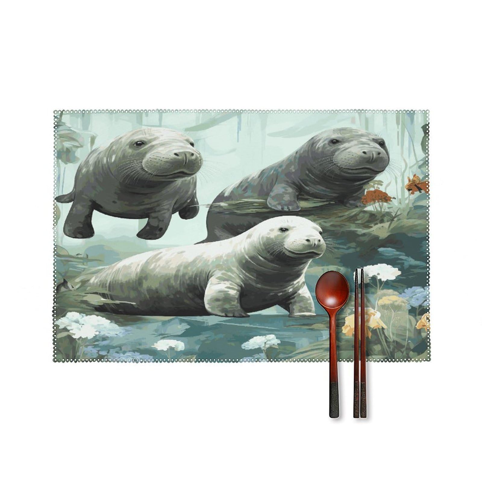 Rabbits Manatees Placemats Set of 4 Canvas Place Mats Non-Slip Heat Resistant Table Mats Washable Waterproof Placemat Wipeable Tablemats for Kitchen Dining Decor Place Mat