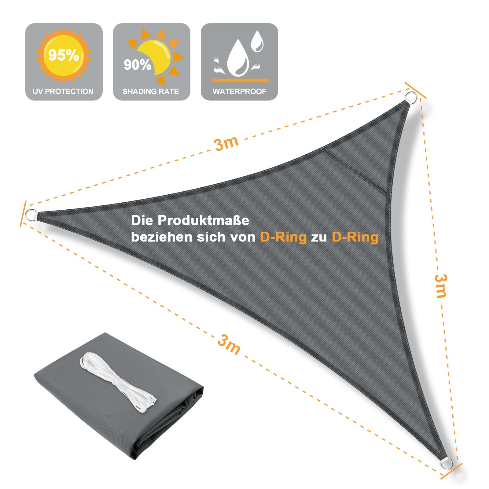 LOVE STORY Sonnensegel Dreieckig 3x3x3m Wasserdicht Segeltuch Sonnenschutz Windschutz PES mit 95% UV-Schutz für Balkon, Garten, Terrasse (Anthrazit)