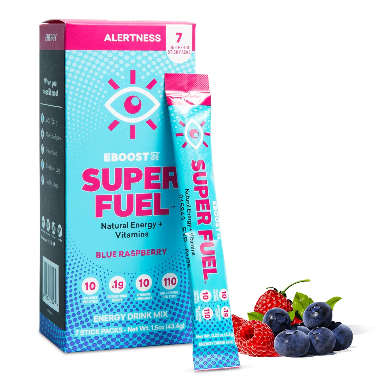 EBOOST Energy Drink Powder, Super Fuel Blue Raspberry, 7 Packets PreWorkout