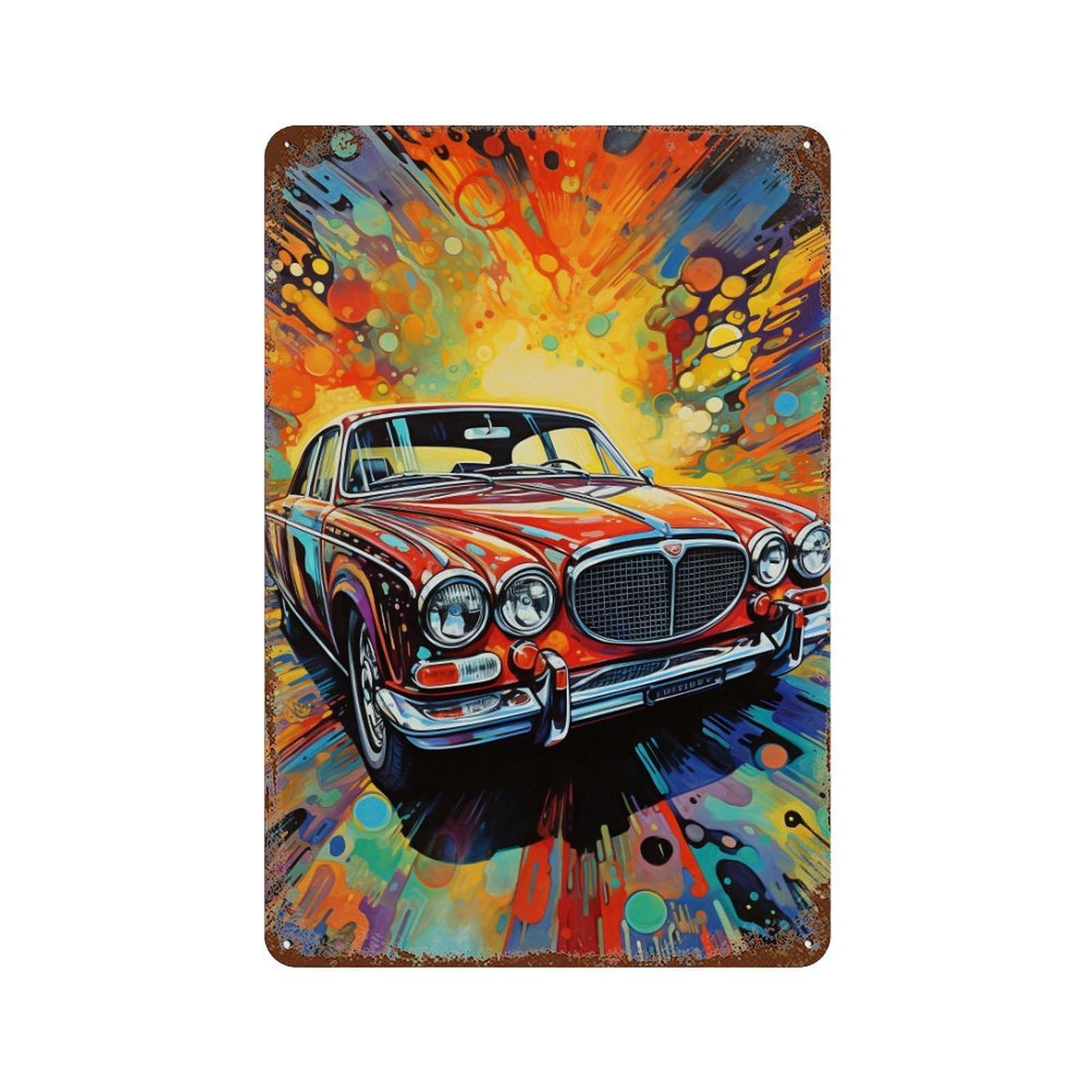 Garage Style Vibrant Classic Car Artwork Distressed Metal Wall Sign 11.8"x7.9", Shabby Chic Decor for Bar And Workshop