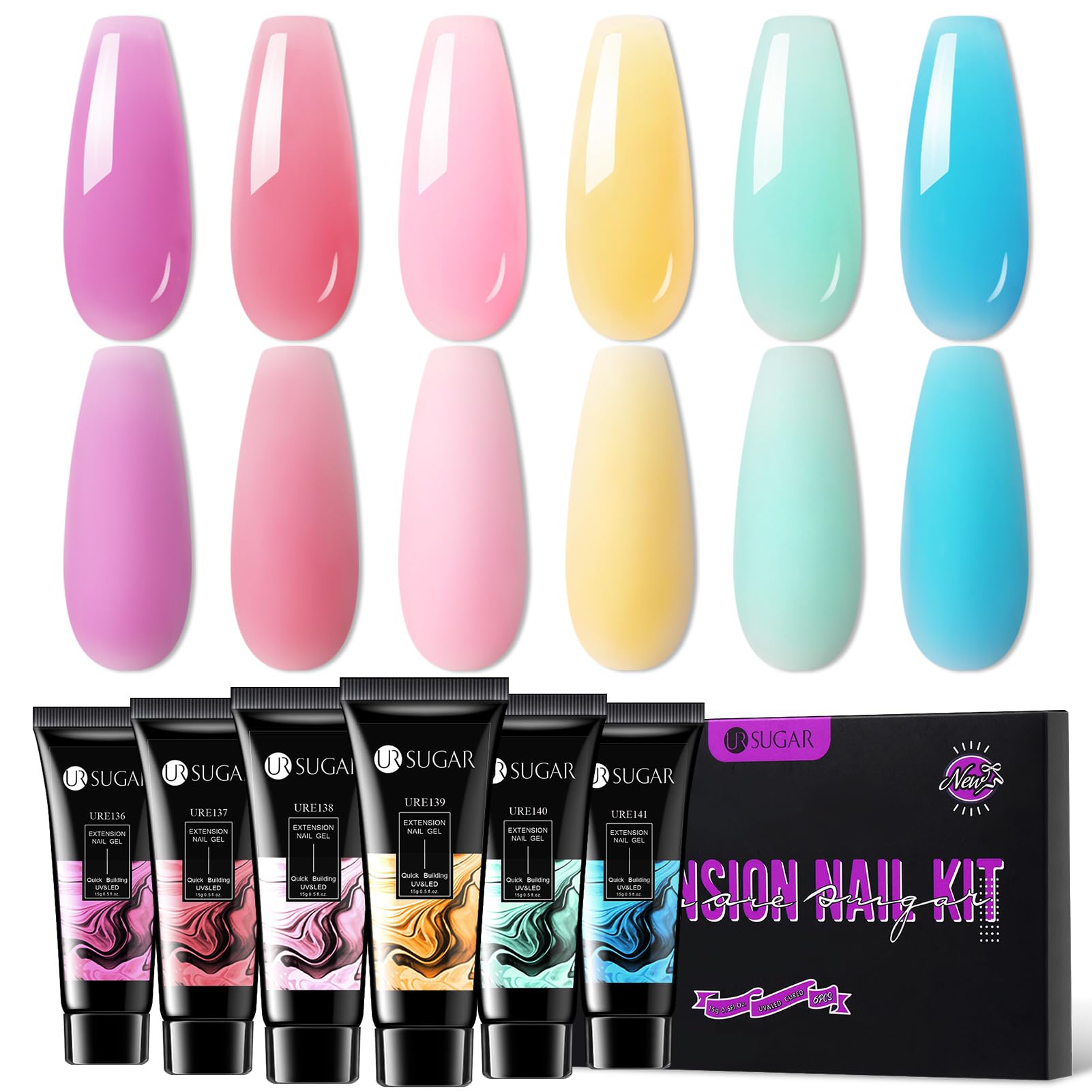 UR SUGARPastel Extension Gel Nail Set, 6 Colors Easter Spring Summer Builder Nail Gel Basic Pink Yellow Green Blue Macaroon Extension Nail Gel Kit Easter Home Nail Salon Gift Box for Women