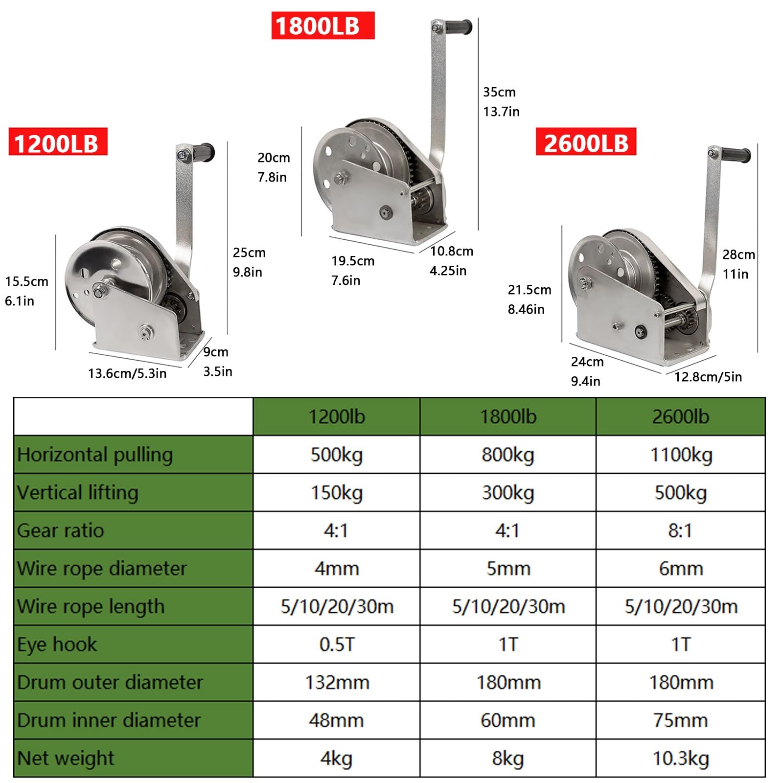 Cabrestante Manual de Acero Inoxidable 304, Cabrestante Manual para Remolques, con Bloqueo Automático Bidireccional, Cable y Gancho Anticaída, para Elevación y Remolque(1800LB+5m/16.4ft)