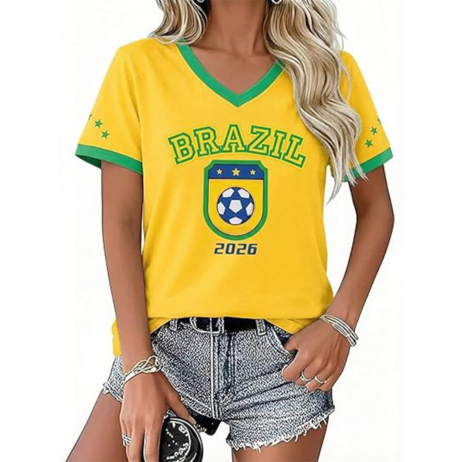 Football Jersey World Cup 2026 T Shirt Women Short Sleeve V Neck Flag Printed Fabric Breathable Lightweight Casual Sports Tops for Fans Supporter, Yellow, XL