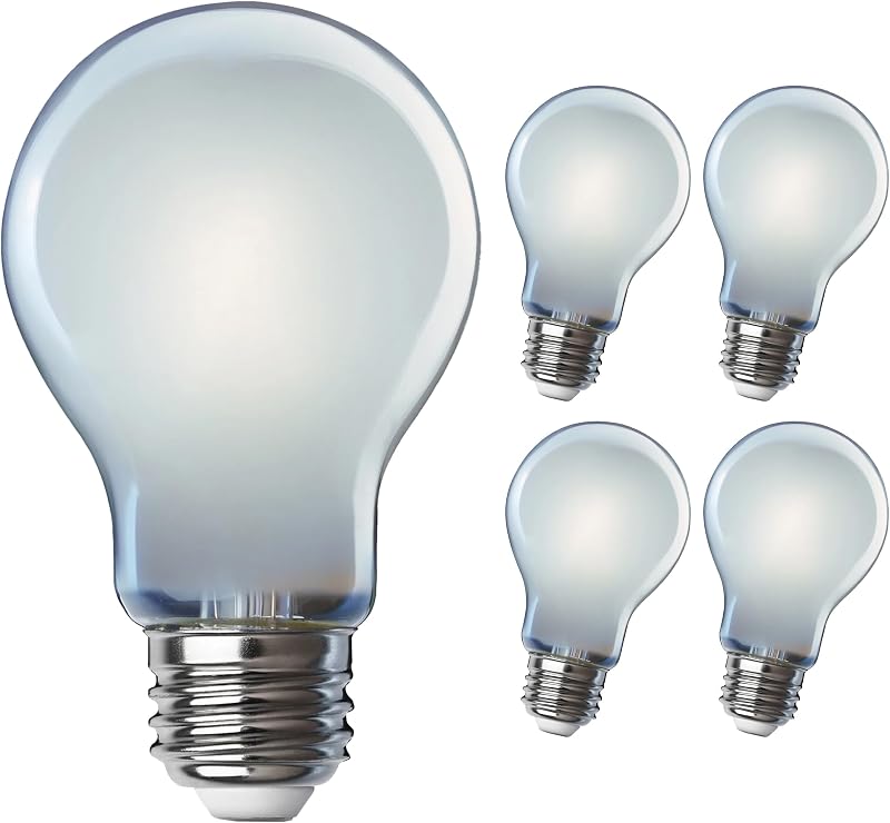 Bombilla LED A19, equivalente a 60 W, regulable, 800 lúmenes, base media E26, luz diurna de 5000 K, 90 CRI, bombillas de iluminación de filamento de vidrio estándar de 8,8 W, vida útil de 13 años, A1960/950CA/FIL/4, paquete de 4