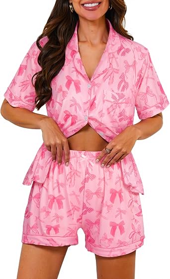 Ammiko Womens Pajamas Set Y2k Loungewear Pajama Button Down Top and Shorts Monkey Beach Short Sleeve Sleepwear Preppy