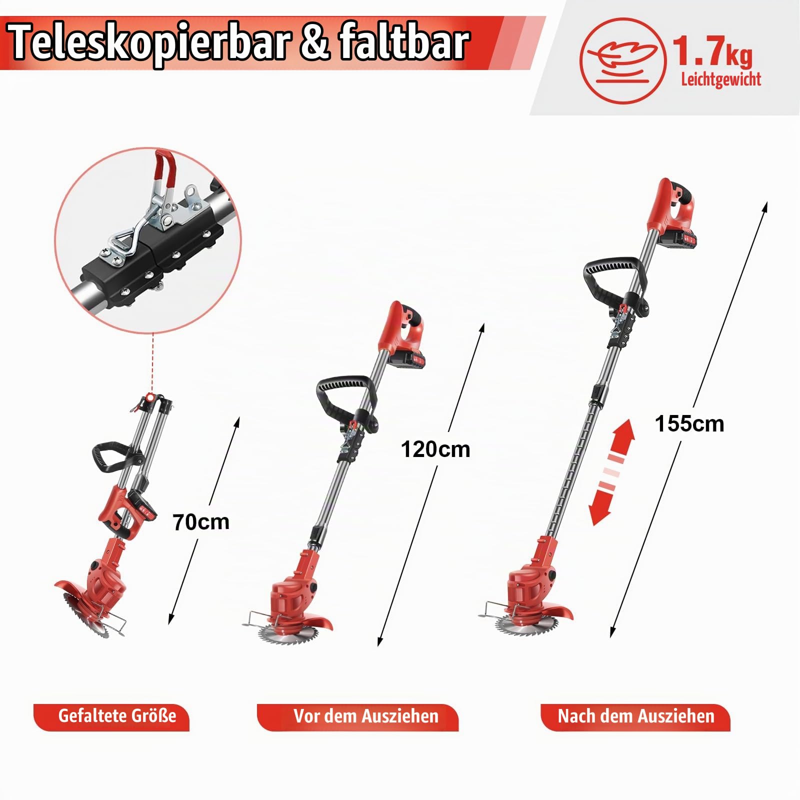 Rasentrimmer 21V, 2 Akkus, 3 Klingen & Teleskopstiel