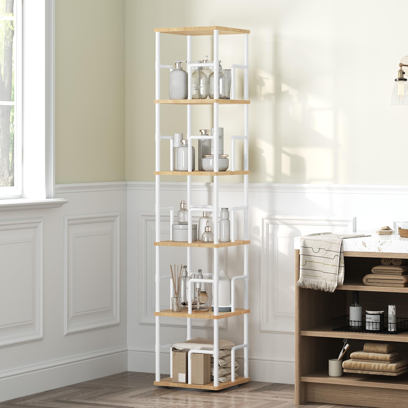 MAHANCRIS Libreria Girevole a 5 Livelli, Scaffale Angolare Indipendente, 360°, Stile Industriale, con Protezioni, per Soggiorno, Camera da Letto, Studio, Ufficio, Bianco ABKBN1601