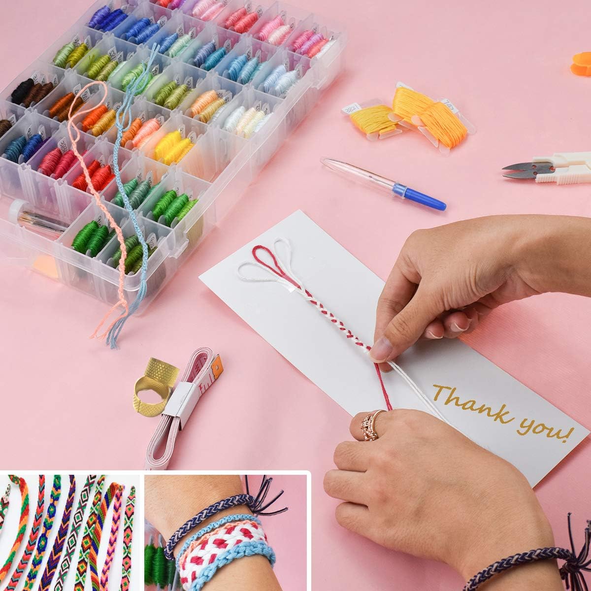 Looen 100 Colors Embroidery Floss with Organizer Storage Box Friendship Bracelet Floss - Prewound Floss Plastic Bobbins with Color Number Craft Thread Weaving String Include 41 Pcs Cross Stitch Kit