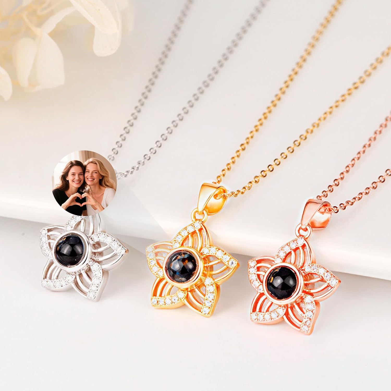 Personalized Projection Necklace With Picture Inside - Custom Photo Sunflower Pendant Necklace - Christmas Valentine's Day Memorial Gift For Wife Women Sterling Silver Jewelry - Image 7