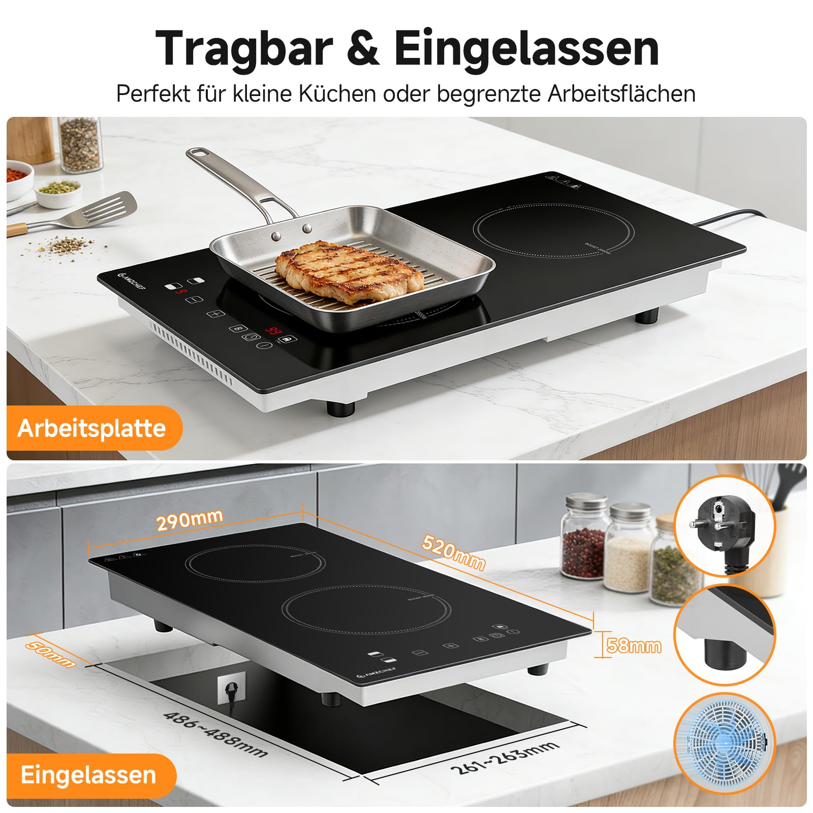 AMZCHEF Induktionskochfeld 2 Platten, 3700W Doppel Induktionskochplatte mit LED-Touchscreen, Sicherheitsschloss und Timer