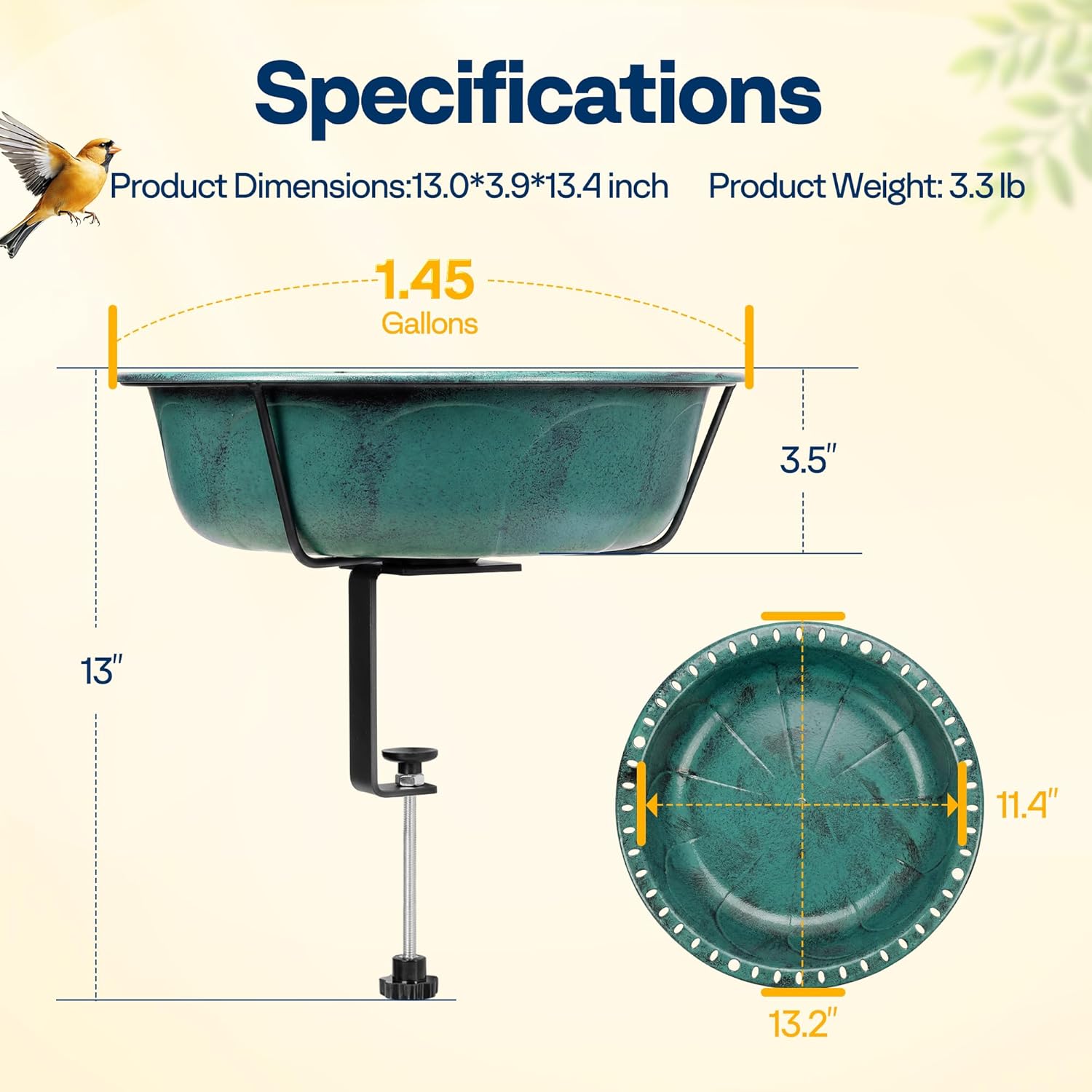 VIVOHOME Deck Mounted Bird Bath for Outside, Weather-Resistant ABS Bird Bath and Feeder with Adjustable Metal Clamp for Railing, Fence, Balcony, 1.45 Gallons, Green