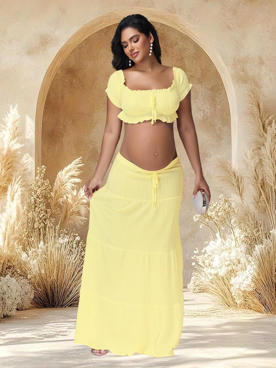JustVH Maternity 2 Piece Outfits Dress Boho Off Shoulder Ruffle Tube Top Flowy Long Skirt for Photoshoot Baby Shower