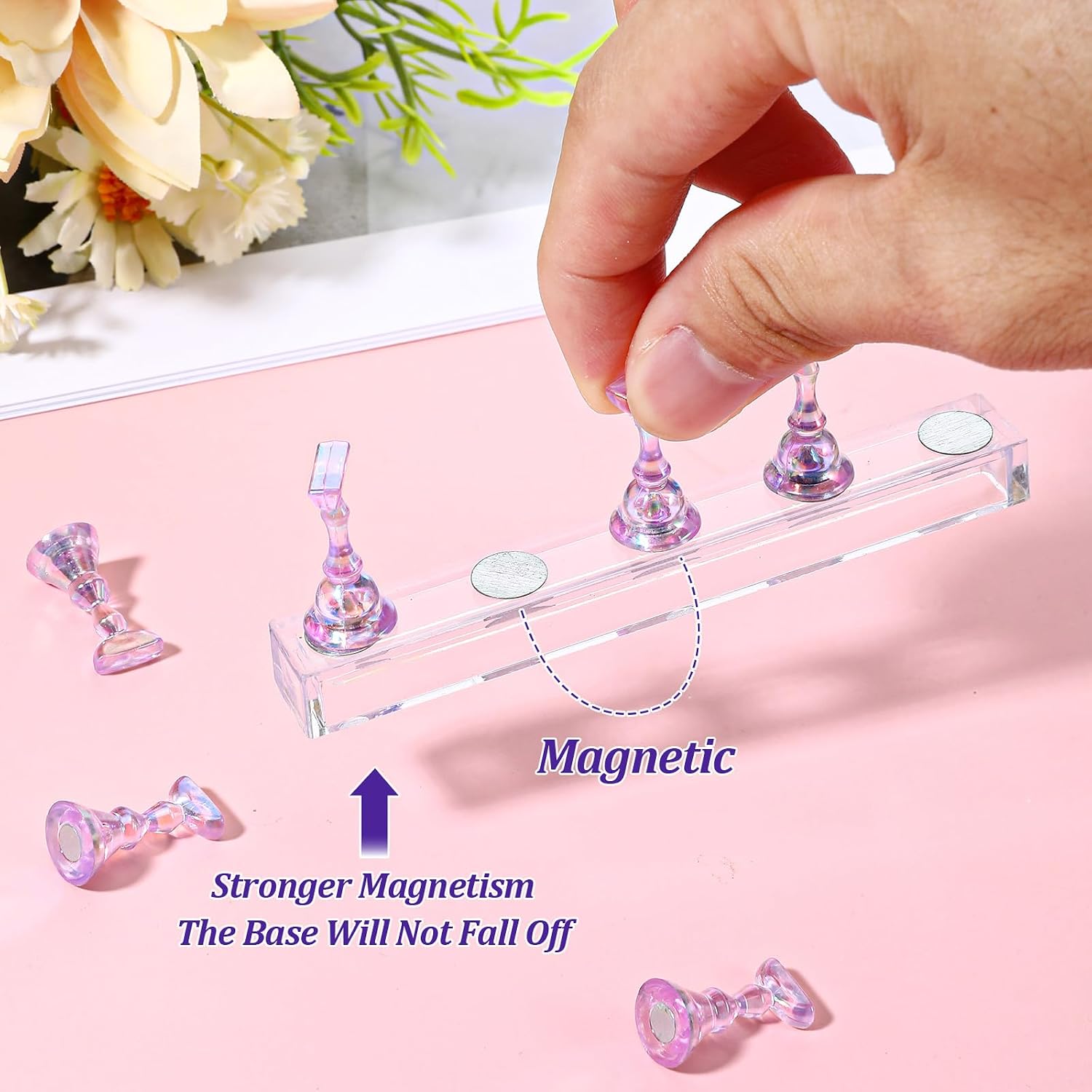 Ptwola 2 Set Nail Stand Press on Magnetic Nail Holder Kit Acrylic Fake Nails Art Display Stand Flower Practice Stands Design Tools for DIY Painting Nails Hand Salons Homes Professional Techs Supplies