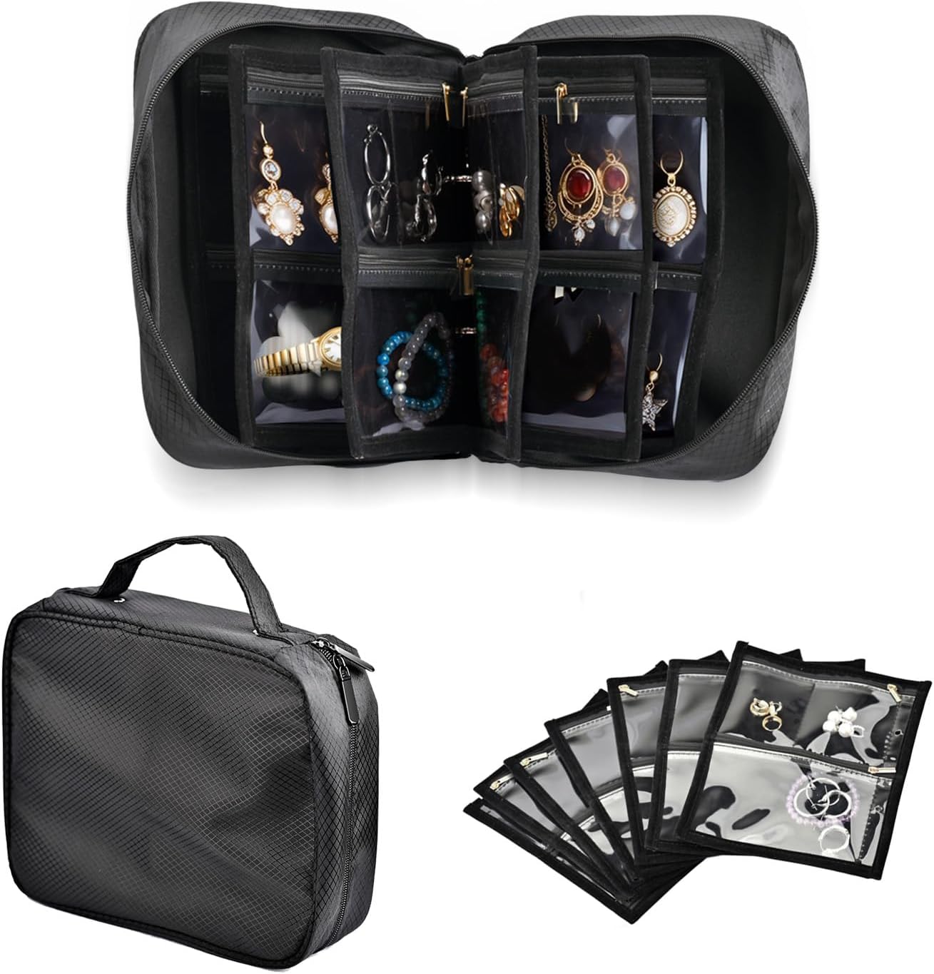 Travel Jewelry Organizer Case, Jewellry Bag Storage Book Binder with 7 Clear Zipper Velvet Pouch Traveling Jewelry Bags for Earrings, Rings, Necklace, Bracelet