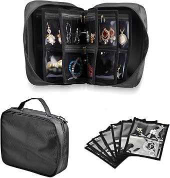 Travel Jewelry Organizer Bag, Jewellry Case Storage Book Binder with 7 Clear Zipper Velvet Pouch Traveling Jewelry Bags for Earrings, Rings, Necklace, Bracelet