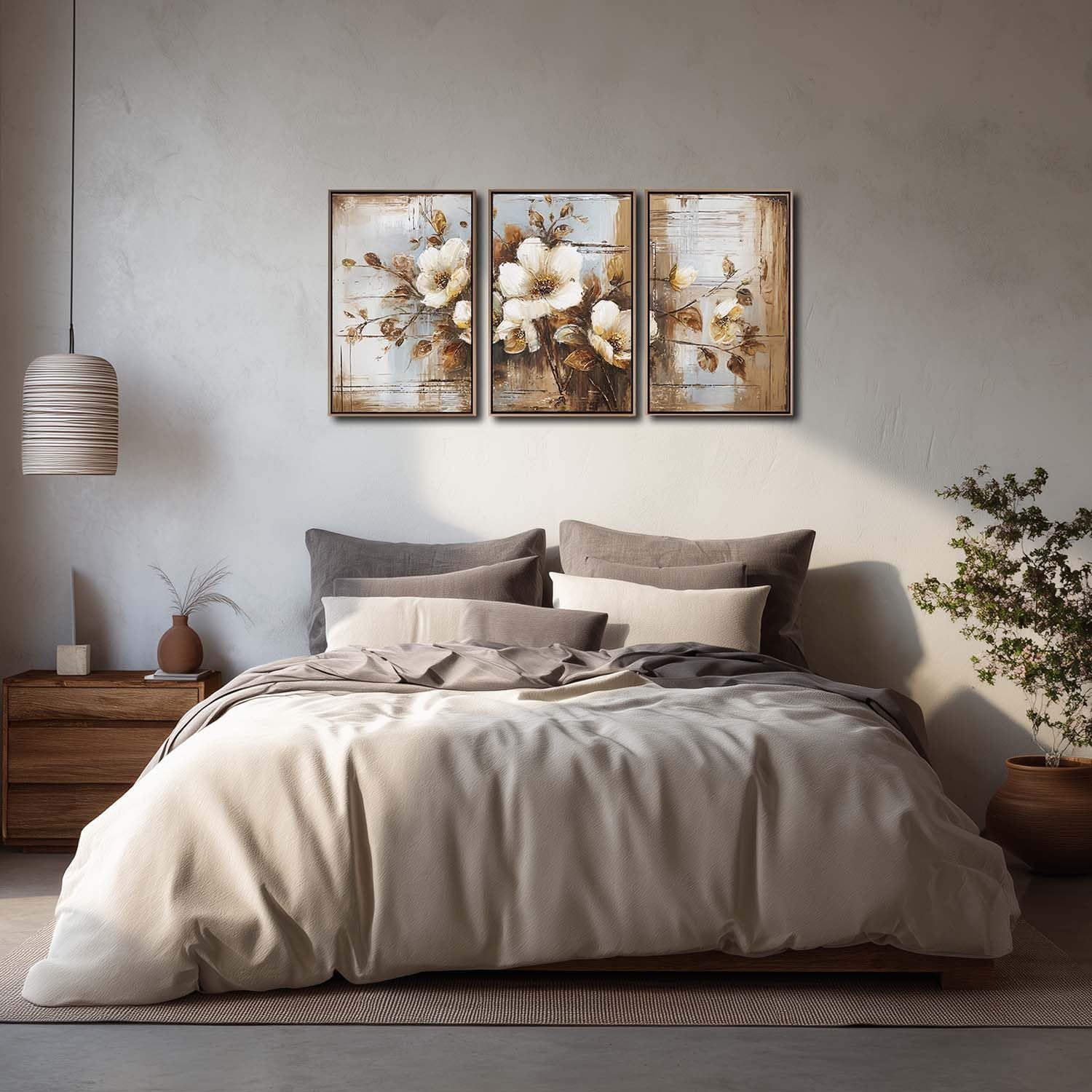 YCJKJDZ Framed Dark Floral Canvas Wall Art Set of 3, Neutral Fall Plant Bohemian Vintage Moody Flower Wall Decor Artwork for Farmhouse Bedroom Living Room Office, 16x24 inches