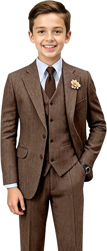 Retro Herringbone Tweed Boys Suit Slim Fit 3 Piece Wedding Suits for Kids