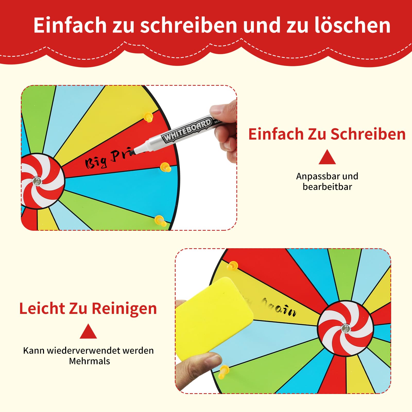 Glücksrad zum Drehen, 30cm gluecksrad gluecksrad,15 Slots Glücksrad zum Selbstgestalten, mit Markeund und Radiergummi, für Gewinnspiele, Wortspiele, Partys