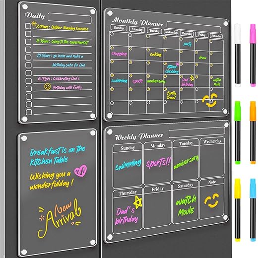 DIYMAG Magnetic Calendar for Refrigerator 4 PCS Dry Erase Whiteboard 15.2"x11.2" Magnet Fridge Wall Planners Planning Acrylic Clear Chalkboard Apartment Decor Meal Planner with 6 Colors Markers