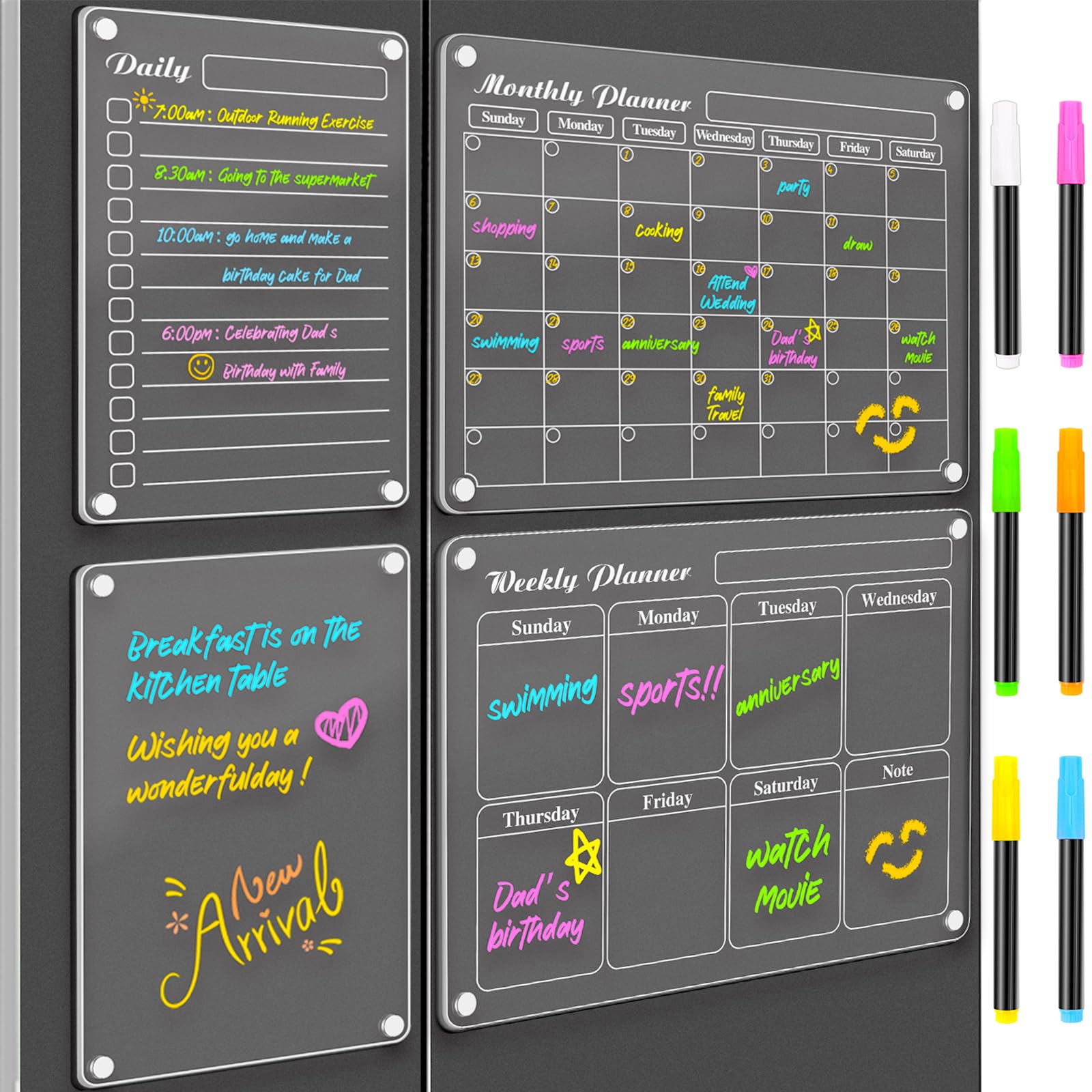 Photo 1 of DIYMAG Magnetic Calendar for Refrigerator 4 PCS Dry Erase Whiteboard 15.2"x11.2" Magnet Fridge Wall Planners Planning Acrylic Clear Chalkboard Apartment Decor Meal Planner with 6 Colors Markers