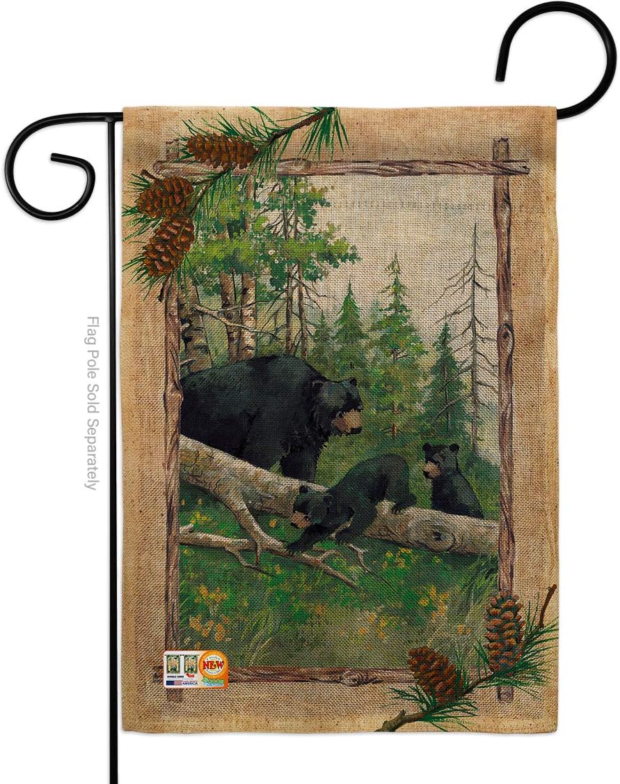 Black Bear Cubs Burlap Garden Flag Set Wall Holder Animals Wildlife Outdoor Deer Wolf Pet Nature Farm Animal Creature Small Decorative Gift Yard House Banner Double-Sided Made In USA 13 X 18.5