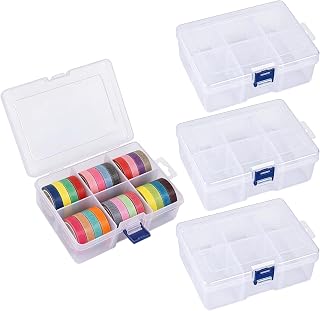 4Pack Washi Tape Organizer Plastic Storage Box with 6-Compartment Grids Clear Washi Tape Storage Container with Removable Dividers for Washi Tapes, Jewelry, Beads, Small Parts