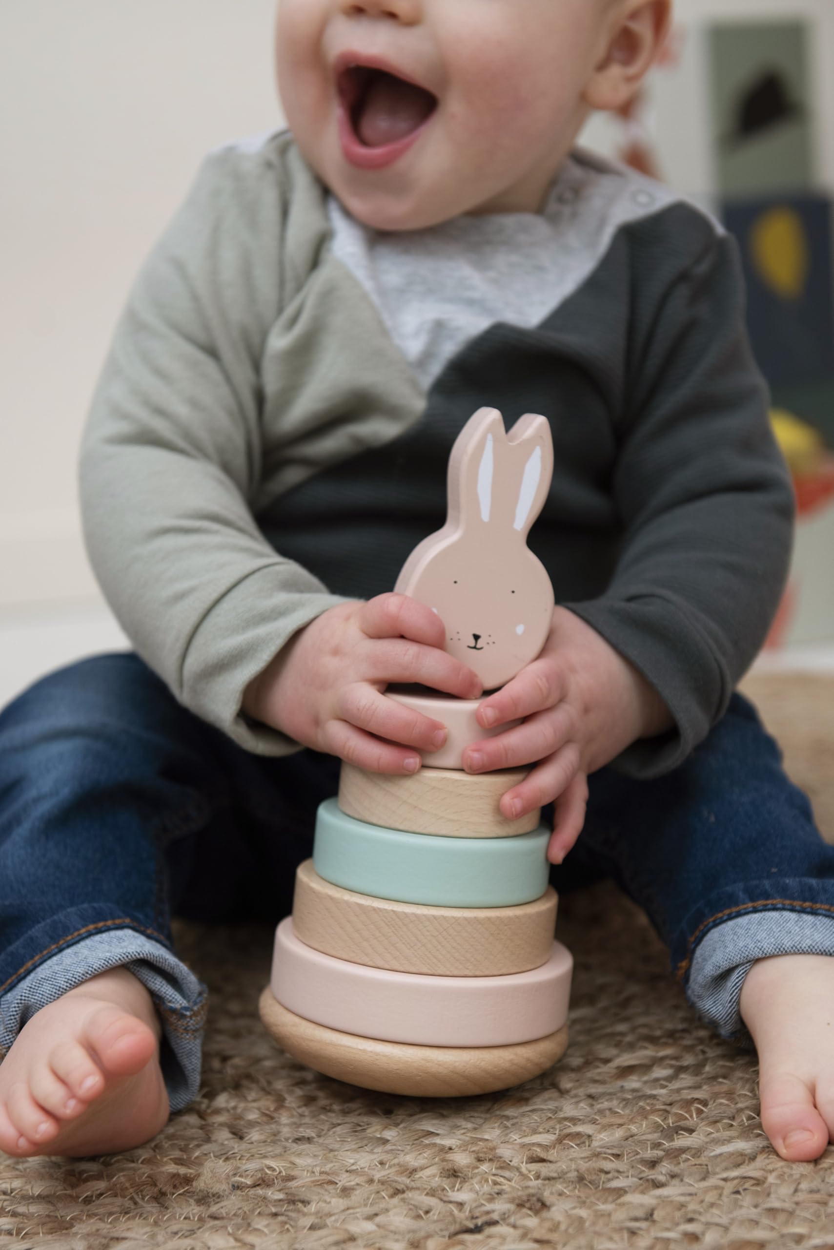 Tour de naissance personnalisé - cadeau de naissance trixie, jouet bébé naissance, tour d'anneaux à empiler, décoration chambre naissance, cadeau bébé prénom (Lapin)
