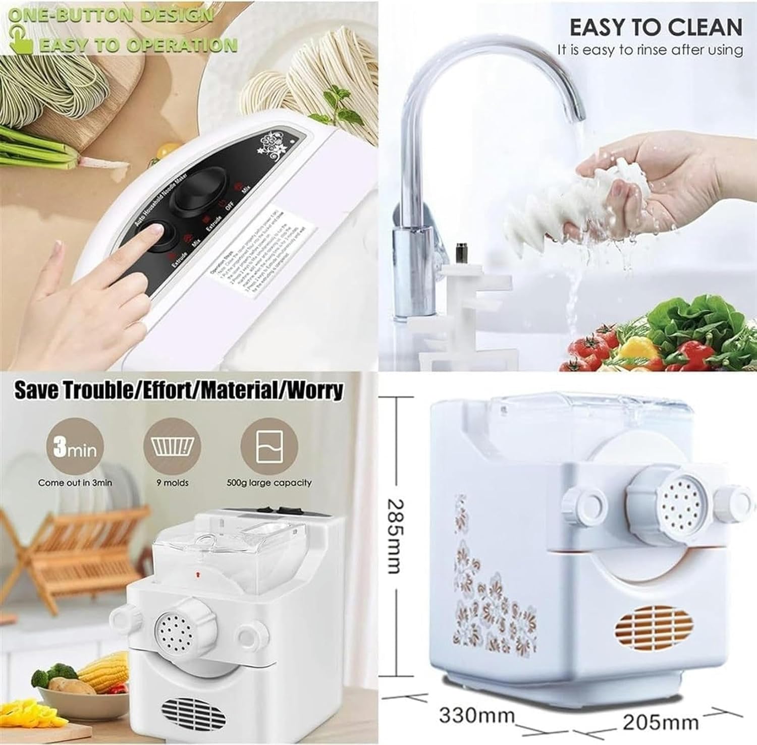 Wzglod Electric Home Pasta Machine，180W Fully Automatic Pasta Machine for Making Fresh Pasta at Home with 9 Noodle Molds Pasta Extruder Kitchen Gadgets Noodle Maker,Saves Time and Effort