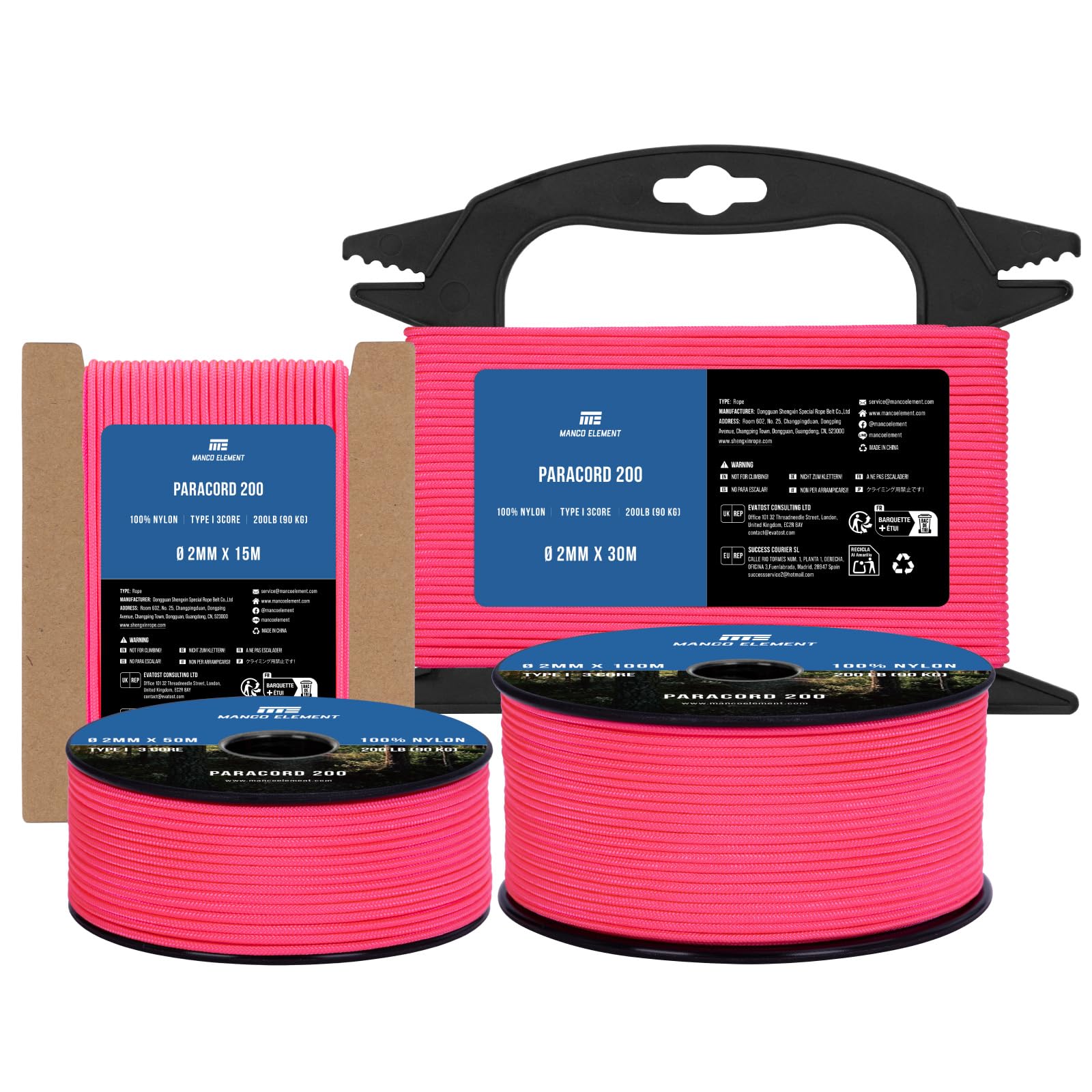 Manco Element Paracord 2mm 30m 3 Strands Type I Neon Pink | 100% Nylon Parachute Cord Rope | 90KG Load Capacity - Ideal for DIY, Crafting, Outdoor, Camping
