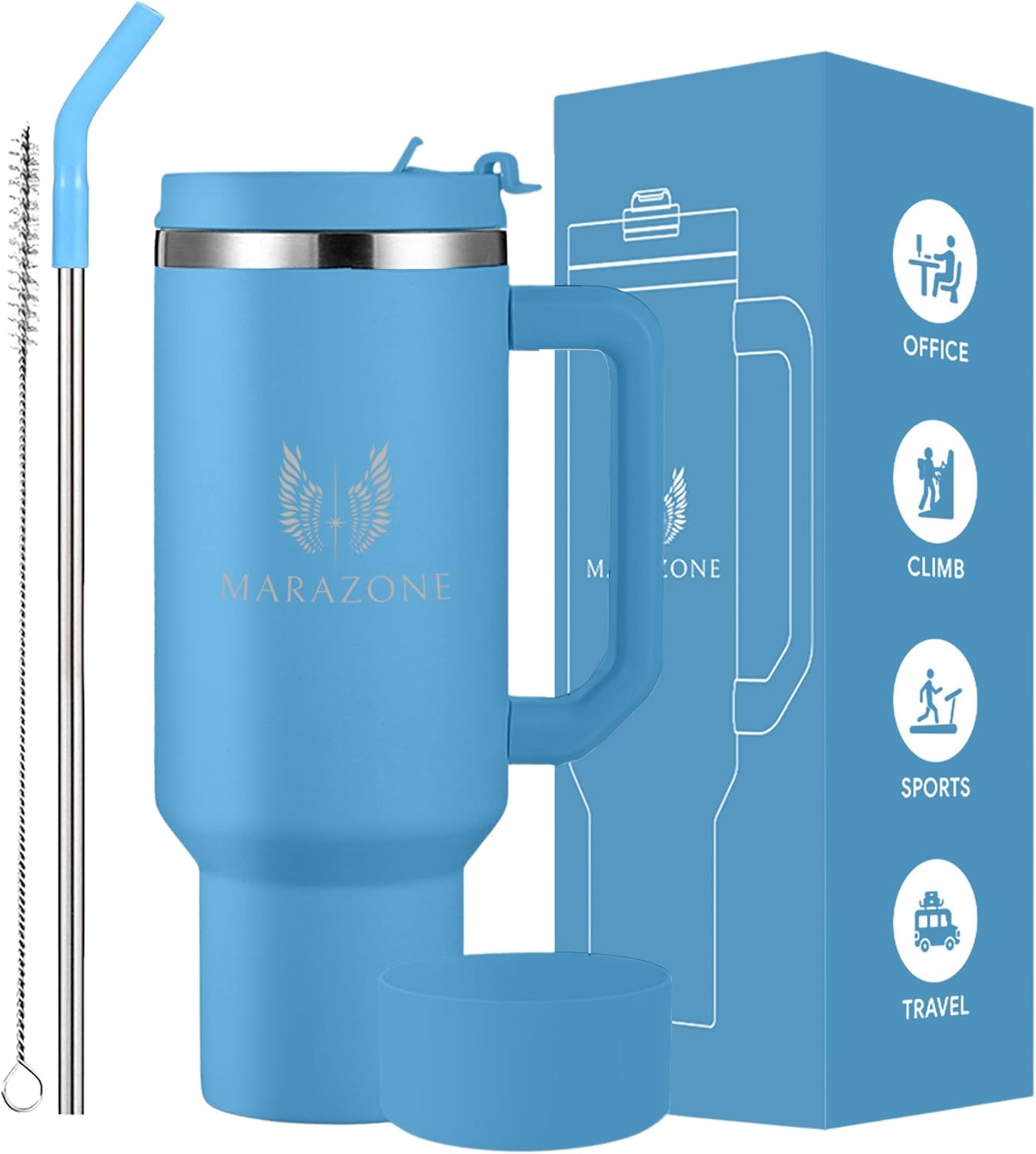 40 oz Insulated Stainless Steel Tumbler with Handle and Straw, Leak Proof Lid, Silicone Boot and Straw Cleaning Brush Included, Vacuum Insulated Travel Mug for Hot and Cold Drinks, Sky Blue