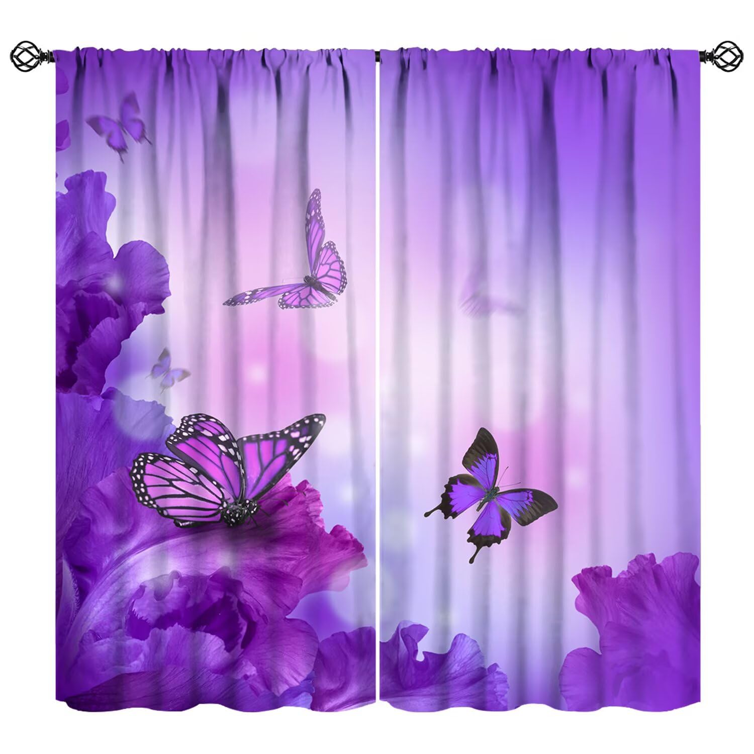 JESTRONRY Purple Butterfly Curtains,Spring Hydrangeas Floral Flowers Butterfly Print Window Door Curtains for Bedroom Living Room Home Decor 42" W X 54" L (Blackout)