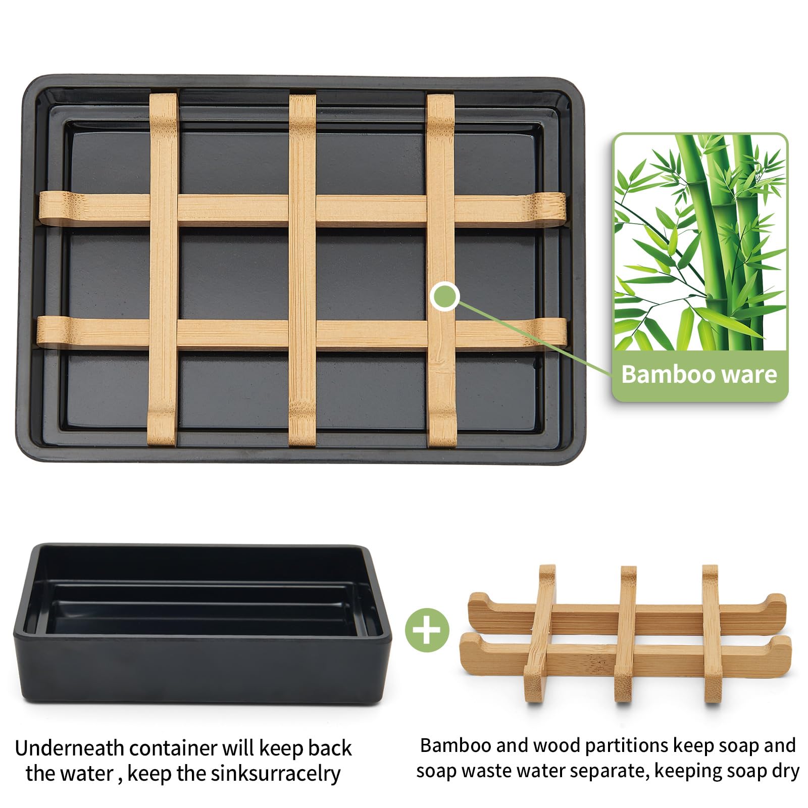 Bamboo Soap Dishes for Shower with Drainage Wooden Soap Bar Holder for Bathroom Soap Tray Easy to Clean, Durable and with Non-Slip Pads(Single Black Square)