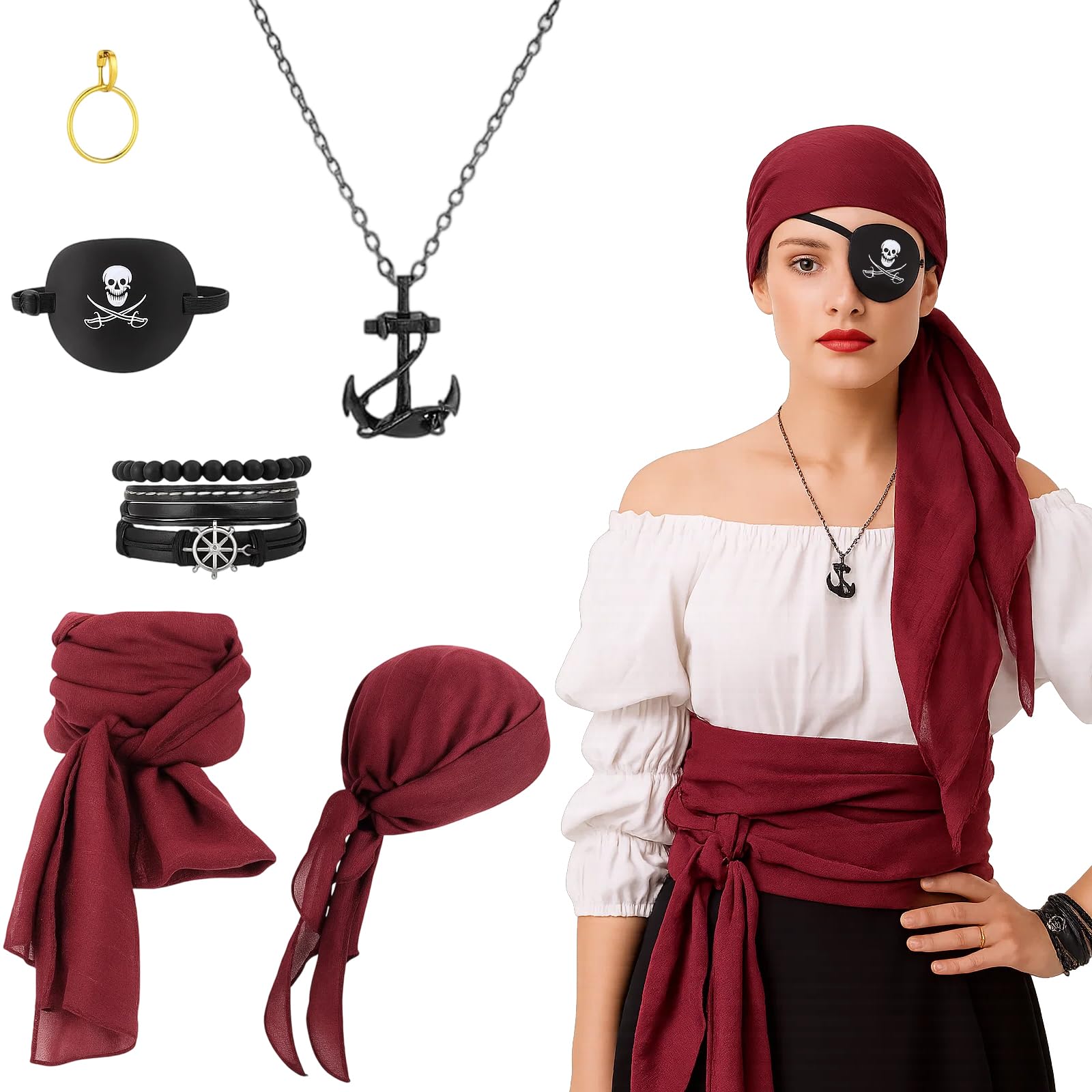 SrgPui Pirate Costume Women, 6-Pcs Pirate Accessories Set for Women Headscarf, Belt, Wristband, Eye Patch, Necklace and Ring