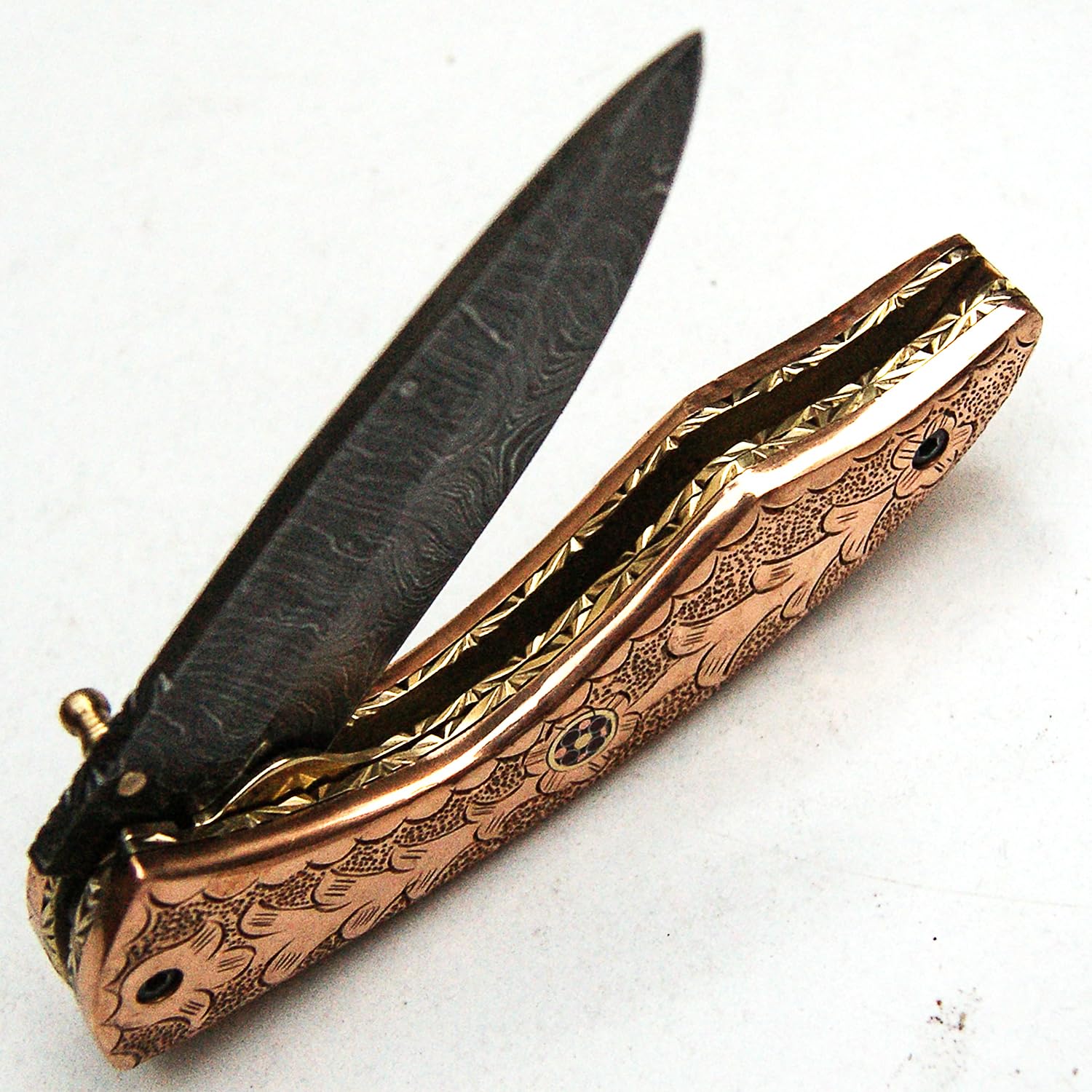 PAL 2000 KNIVES Custom Handmade Damascus Steel 7.4 Inches Folding Pocket Knife - Copper Handle with Sheath 9451